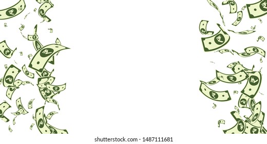 Indian rupee notes falling. Random INR bills on white background. India money. Classic vector illustration. Pleasant jackpot, wealth or success concept.