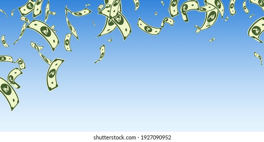 Indian rupee notes falling. Random INR bills on blue sky background. India money. Classic vector illustration. Good-looking jackpot, wealth or success concept.