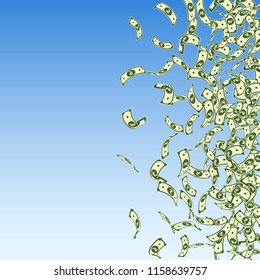 Indian rupee notes falling. Small INR bills on blue sky background. India money. Captivating vector illustration. Valuable jackpot, wealth or success concept.