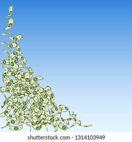Indian rupee notes falling. Small INR bills on blue sky background. India money. Brilliant vector illustration. Fancy jackpot, wealth or success concept.
