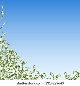 Indian rupee notes falling. Small INR bills on blue sky background. India money. Breathtaking vector illustration. Marvelous jackpot, wealth or success concept.