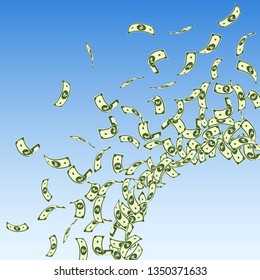 Indian rupee notes falling. Small INR bills on blue sky background. India money. Captivating vector illustration. Beautiful jackpot, wealth or success concept.