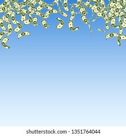 Indian rupee notes falling. Small INR bills on blue sky background. India money. Breathtaking vector illustration. Wonderful jackpot, wealth or success concept.