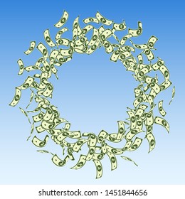 Indian rupee notes falling. Small INR bills on blue sky background. India money. Captivating vector illustration. Impressive jackpot, wealth or success concept.