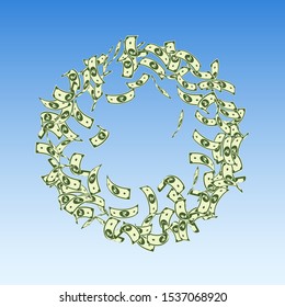 Indian rupee notes falling. Small INR bills on blue sky background. India money. Captivating vector illustration. Exceptional jackpot, wealth or success concept.