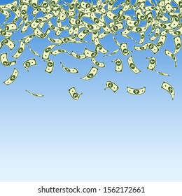 Indian rupee notes falling. Small INR bills on blue sky background. India money. Charming vector illustration. Attractive jackpot, wealth or success concept.