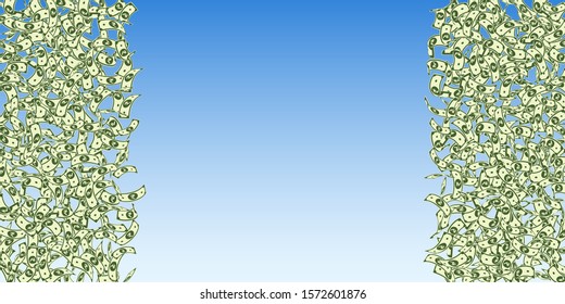 Indian rupee notes falling. Small INR bills on blue sky background. India money. Classic vector illustration. Pleasing jackpot, wealth or success concept.