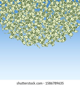 Indian rupee notes falling. Small INR bills on blue sky background. India money. Classic vector illustration. Dramatic jackpot, wealth or success concept.
