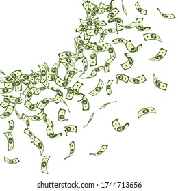 Indian rupee notes falling. Small INR bills on white background. India money. Captivating vector illustration. Alluring jackpot, wealth or success concept.