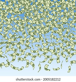Indian rupee notes falling. Small INR bills on blue sky background. India money. Charming vector illustration. Ravishing jackpot, wealth or success concept.