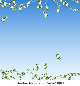 Indian rupee notes falling. Sparse INR bills on blue sky background. India money. Brilliant vector illustration. Cool jackpot, wealth or success concept.