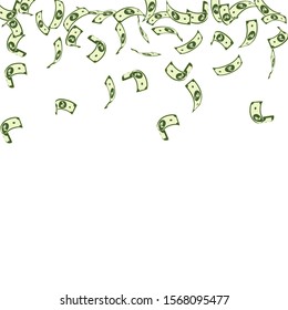 Indian rupee notes falling. Sparse INR bills on white background. India money. Charming vector illustration. Bewitching jackpot, wealth or success concept.