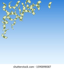Indian rupee notes falling. Sparse INR bills on blue sky background. India money. Classic vector illustration. Amusing jackpot, wealth or success concept.