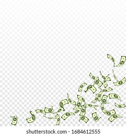 Indian rupee notes falling. Sparse INR bills on transparent background. India money. Brilliant vector illustration. Immaculate jackpot, wealth or success concept.