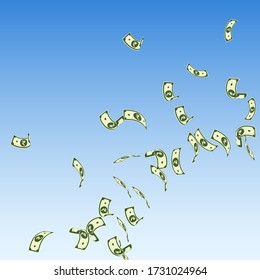 Indian rupee notes falling. Sparse INR bills on blue sky background. India money. Captivating vector illustration. Bold jackpot, wealth or success concept.