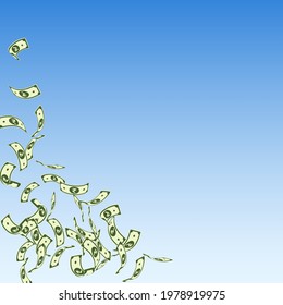 Indian rupee notes falling. Sparse INR bills on blue sky background. India money. Brilliant vector illustration. Favorable jackpot, wealth or success concept.