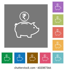 Indian Rupee piggy bank flat icons on simple color square backgrounds
