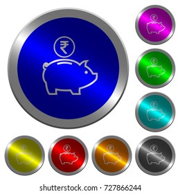 Indian Rupee piggy bank icons on round luminous coin-like color steel buttons