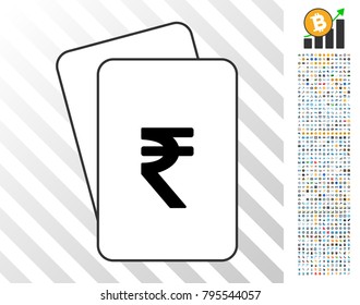 Indian Rupee playing cards icon with 700 bonus bitcoin mining and blockchain images. Flat vector clip art for gambling and cryptocurrency websites.