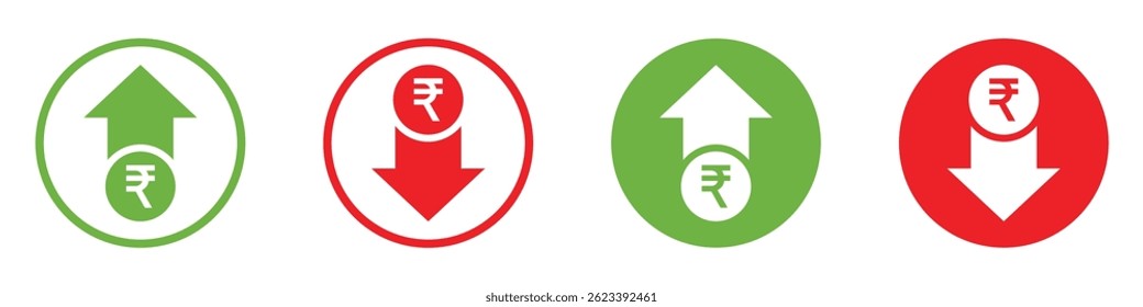 Indian rupee price up and down icons set. Rupee currency value trend icons. Money cost arrow growth, decline. Rupee trend icons showing currency value rising and falling with green up and red down.