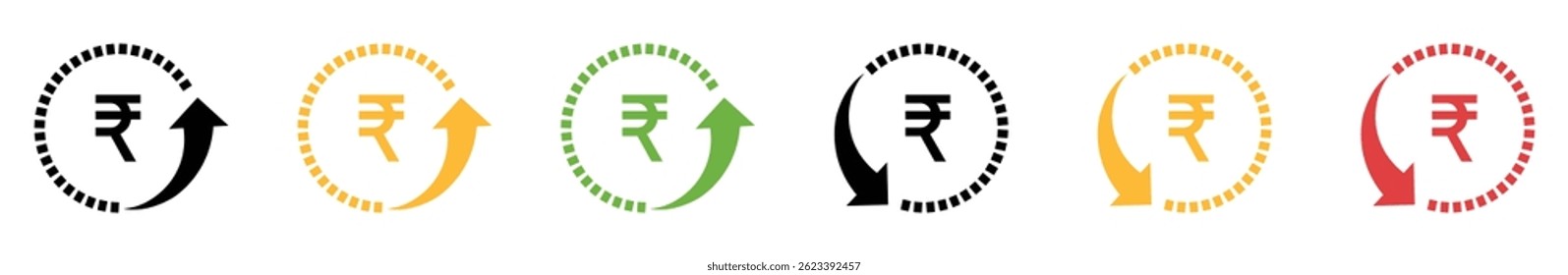 Indian rupee price up and down vector icons set. Inr Rupee graph up and down symbol. Money cost arrow growth, decline. Rupee investment. Flat style. Vector illustration.