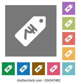 Indian Rupee price label flat icons on simple color square background.