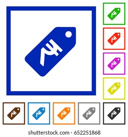 Indian Rupee price label flat color icons in square frames on white background