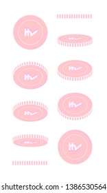 Indian rupee rotating coins set, animation ready. Pink INR copper coins rotation. India metal money. Graceful cartoon vector illustration.
