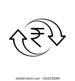 Indian Rupee sign in circle of arrows. Outline thin line flat illustration. Isolated on white background. 