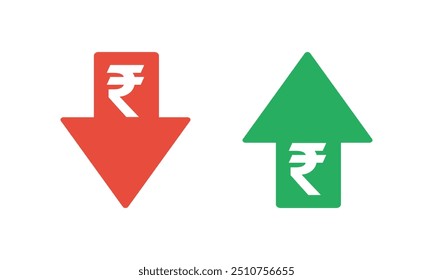 símbolo de rúpia indiana com setas para cima e para baixo em verde, indicador de imposto ou inflação, ícone do vetor de preço ou de rendimento