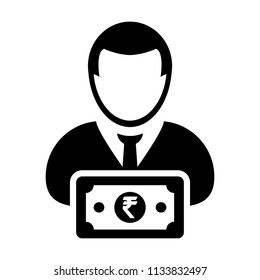 Indian Rupee sign icon vector male user person profile avatar with currency money symbol for banking and finance business in flat color glyph pictogram illustration