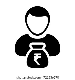 Indian Rupee Sign Icon Vector Person Male Avatar Symbol With Money Bag for Business Finance and Bank Savings Account in Glyph Pictogram illustration