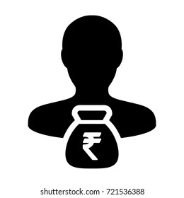 Indian Rupee Sign Icon Vector Person Male Avatar Symbol With Money Bag for Business Finance and Bank Savings Account in Glyph Pictogram illustration