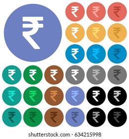 Indian Rupee sign multi colored flat icons on round backgrounds. Included white, light and dark icon variations for hover and active status effects, and bonus shades on black backgounds.