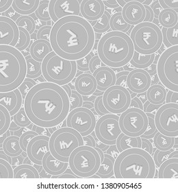 Indian Rupee Silver Coins Seamless Pattern. Artistic Scattered Black And White INR Coins. Success Concept. India Money Pattern. Coin Vector Illustration.