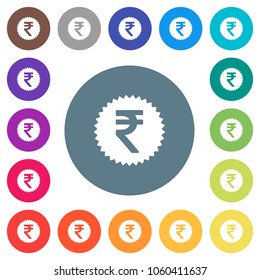 Indian Rupee sticker flat white icons on round color backgrounds. 17 background color variations are included.
