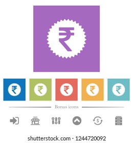 Indian Rupee sticker flat white icons in square backgrounds. 6 bonus icons included.