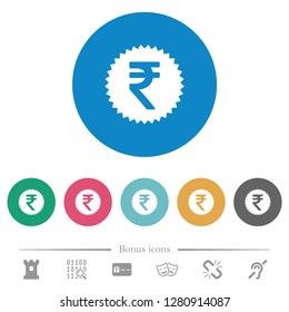 Indian Rupee sticker flat white icons on round color backgrounds. 6 bonus icons included.