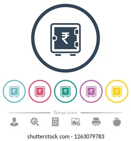 Indian Rupee strong box flat color icons in round outlines. 6 bonus icons included.