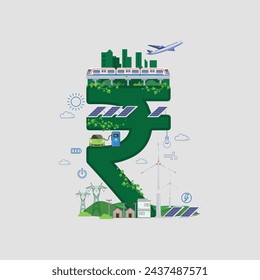 Símbolo de rupia india con crecimiento económico y vector de ilustración ambiental verde