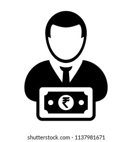 Indian Rupee symbol icon vector male user person profile avatar with currency money sign for banking and finance business in flat color glyph pictogram illustration