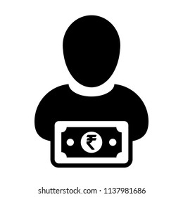 Indian Rupee symbol icon vector male user person profile avatar with currency money sign for banking and finance business in flat color glyph pictogram illustration