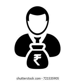 Indian Rupee Symbol Icon Vector Person Male Sign Avatar With Money Bag for Business Finance and Bank Savings Account in Glyph Pictogram illustration