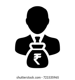 Indian Rupee Symbol Icon Vector Person Male Sign Avatar With Money Bag for Business Finance and Bank Savings Account in Glyph Pictogram illustration