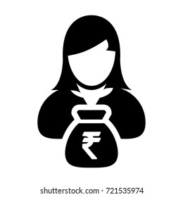 Indian Rupee Symbol Icon Vector Person Female Sign Avatar Symbol With Money Bag for Business Finance and Bank Savings Account in Glyph Pictogram illustration