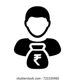 Indian Rupee Symbol Icon Vector Person Male Sign Avatar With Money Bag for Business Finance and Bank Savings Account in Glyph Pictogram illustration