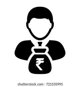 Indian Rupee Symbol Icon Vector Person Male Sign Avatar With Money Bag for Business Finance and Bank Savings Account in Glyph Pictogram illustration