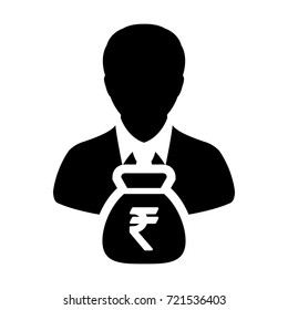 Indian Rupee Symbol Icon Vector Person Male Sign Avatar With Money Bag for Business Finance and Bank Savings Account in Glyph Pictogram illustration