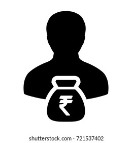 Indian Rupee Symbol Icon Vector Person Male Sign Avatar With Money Bag for Business Finance and Bank Savings Account in Glyph Pictogram illustration