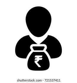 Indian Rupee Symbol Icon Vector Person Male Sign Avatar With Money Bag for Business Finance and Bank Savings Account in Glyph Pictogram illustration